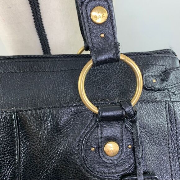 The Sak Pink‎ Label Black Leather Satchel Shoulder Bag Brass Rings Double Strap - Picture 4 of 16